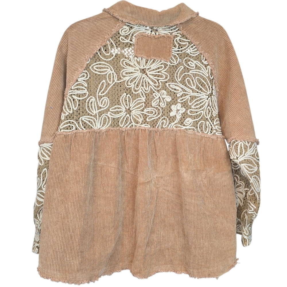 POL Tan Corduroy Button-Down Shirt with Cream Lace Detail - Picture 9 of 16
